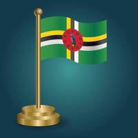 Dominica national flag on golden pole on gradation isolated dark background. table flag, vector illustration