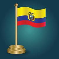 Ecuador national flag on golden pole on gradation isolated dark background. table flag, vector illustration