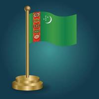 bandera nacional de turkmenistán en el poste dorado sobre fondo oscuro aislado de gradación. bandera de mesa, ilustración vectorial vector