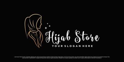 Muslimah women logo design wearing hijab with line art concept and creative element vector