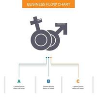 género. Venus. Marte. masculino. diseño de diagrama de flujo empresarial femenino con 3 pasos. icono de glifo para el lugar de plantilla de fondo de presentación para texto. vector