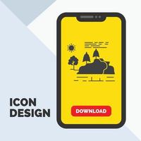 Cerro. paisaje. naturaleza. montaña. icono de glifo de lluvia en el móvil para la página de descarga. fondo amarillo vector