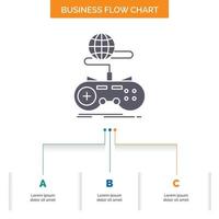 juego, juegos, Internet, multijugador, diseño de diagrama de flujo de negocios en línea con 3 pasos. icono de glifo para el lugar de plantilla de fondo de presentación para texto. vector