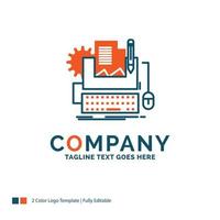 Type Writer, paper, computer, paper, keyboard Logo Design. Blue and Orange Brand Name Design. Place for Tagline. vector