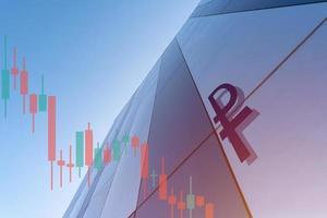 Ruble symbol and marketplace charts on business center background. Trading, investment or financial concept. Technical price graph and indicator, red and green candlestick chart. photo