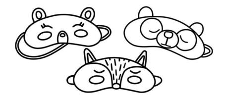 Eye mask vector doodle sleeping night accessory relax rest in traveling illustration set of face sleepy protection cartoon asleep beer, fox and panda.