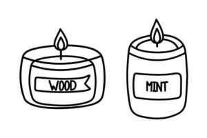 Single hand drawn doodle candles for New Year and Xmas greeting cards, posters, stickers and seasonal design. Decorative wax candles Wood and Mint for relax and spa. vector