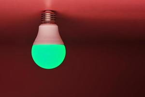 Green light bulb, modern energy saving, copy space. Minimal idea concept. photo