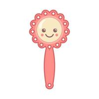 A cute baby rattle with kawaii face with a handle. A gift for newborns. Vector illustration. Design element for kids, baby shower and nursery decor.