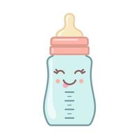 Feeding bottle icon with kawaii face isolated on white background. Vector illustration. Design element for kids, baby shower and nursery decor.