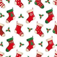 Cute seamless pattern with red socks in flat style isolated on white background for Christmas and New Year holiday. Vector illustration. Design element for textile, fabric, wallpaper or etc.