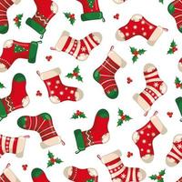 Cute seamless pattern with red socks in flat style isolated on white background for Christmas and New Year holiday. Vector illustration. Design element for textile, fabric, wallpaper or etc.