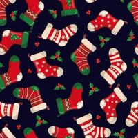 Cute seamless pattern with red Santas socks in flat style for Christmas and New Year holiday. Vector illustration. Design element for textile, fabric, wallpaper or etc.