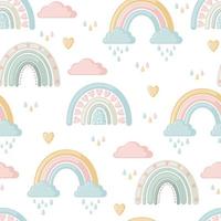Cute seamless pattern with rainbows, clouds and hearts isolated on white background. Vector illustration. Design element for kids, baby shower and nursery decor.