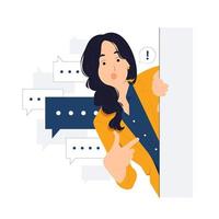Cheerful Young Businesswoman standing behind a wall while peeking with curiosity, startled, shocked, Surprised, peeping, listening, discovery and Pay attention concept illustration vector