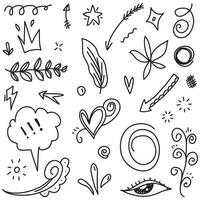 Abstract arrows, ribbons, fireworks, hearts, lightning,love , leaf, stars, cone, crowns and other elements in a hand drawn style for concept designs. Scribble illustration. vector