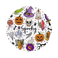 conjunto de vectores de halloween. símbolos festivos: calabaza, telaraña, sombrero de bruja, poción mágica, caldero, dulces. clipart plano de dibujos animados aislado en blanco. garabatos espeluznantes brillantes. elementos para la decoración de temporada