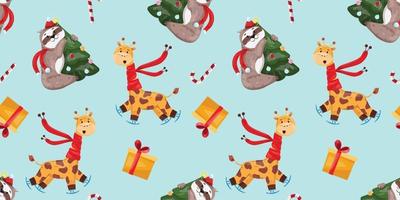 Christmas seamless pattern with a sloth, giraffe, candy cane and gift boxes on blue background. Background with sloth and giraffe. For textile, wrapping paper, wallpaper, backgrounds. vector