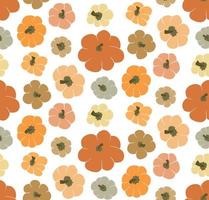 Cute vector seamless pattern background with top view pumpkins on white backdrop. Different various gourd in autumn warm color palette in simple hand drawn style. Fall wallpaper, texture