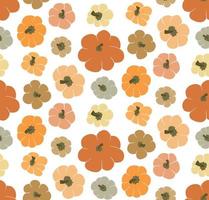 Cute vector seamless pattern background with top view pumpkins on white backdrop. Different various gourd in autumn warm color palette in simple hand drawn style. Fall wallpaper, texture