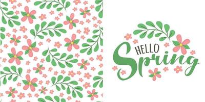 spring floral seamless pattern with simple pink flower and leaves on white background and script lettering text Hello Spring. Cute natural background. Idea for fashion springtime textile design. vector