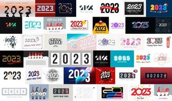 Big collection of 2023 New Year posters and logos for new year event decoration, greeting cards, calendar and winter holiday banners. Vector illustration.