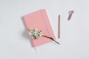 Modern flat lay, hospital, pink notepad or planner with a pen and apple flowers on a white table. Best for social media, blogging photo