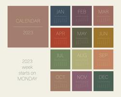 Calendar template for 2023. Square design with natural trendy 2023 colors. Desk or wall calendar 12 months with cover. Vector mesh. Week starts on Monday.