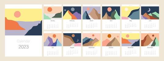 Calendar template for 2023. Vertical design with abstract natural boho landscapes. Editable illustration page template A4, A3, set of 12 months with cover. Vector mesh. Week starts on Monday