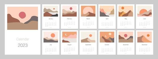 plantilla de calendario para 2023. diseño vertical con paisajes boho naturales abstractos. plantilla de página de ilustración editable a4, a3, conjunto de 12 meses con portada. malla vectorial la semana comienza el lunes. vector