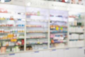 Pharmacy drugstore blur abstract background with medicine and vitamin product on shelves photo