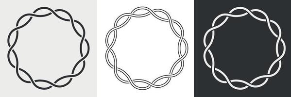 Decorative round frames. Set of circle border cord silhouette, line art and inversion. Symmetry chain logo. Vector illustration