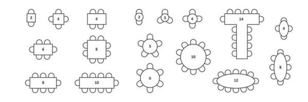 conjunto de asientos de plano en el restaurante o en la vista superior de la casa. iconos de línea de sillas y mesas. esquema, anteproyecto, plan arquitectónico. Ilustración vectorial sobre fondo blanco vector