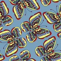 Seamless pattern with hand drawn   butterfly in zentangle style on blue background. vector