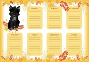 School planner with cute little black cat in colorful autumn design. vector