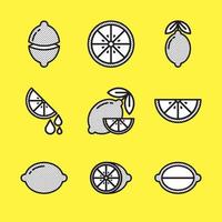 Lemon icon set. Minimalist outline symbol with dotted fill, yellow background. Simple flat vector of fresh fruit. Lime, lemonade, oranges, citrus and leaves. Various shapes of whole objects and slices