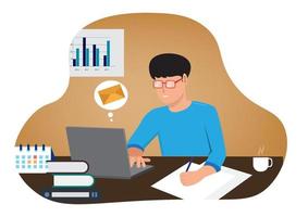 young man working on laptop in office and receiving or sending emails business technology email concept business vector design illustration