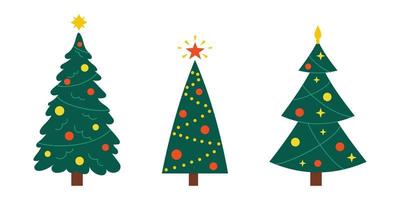 Vector New Year set with christmas trees. Cute evergreen trees with balls, stars and garlands. Fir trees for Christmas.