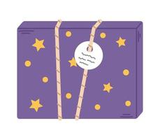 Vector purple gift box. Present with rope and yellow stars. Gift with label for Christmas, Birthday or other celebration.