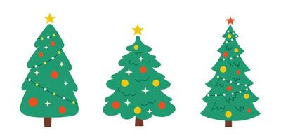 Vector New Year set with christmas trees. Cute evergreen trees with balls, stars and garlands. Fir trees for Christmas.