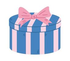 Vector striped gift box. Round box with bow. Blue and pink present. Gift for Christmas, Birthday or other celebration.