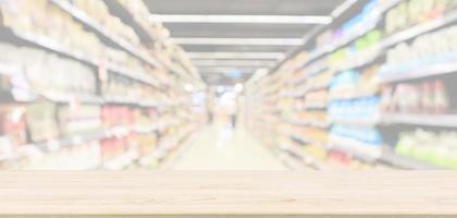 mesa de madera vacía con pasillo de supermercado con estantes de productos interior fondo borroso desenfocado foto