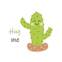 Prickly cactus with Hug Me lettering for postcards. vector