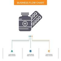 medicine. Pill. capsule. drugs. tablet Business Flow Chart Design with 3 Steps. Glyph Icon For Presentation Background Template Place for text. vector