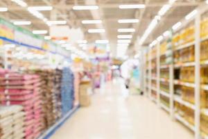 Abstract blur Supermarket aisle with rice in packaging for sale and vegetable oil bottles on shelves background photo