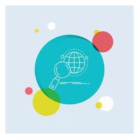 global. globe. magnifier. research. world White Line Icon colorful Circle Background vector