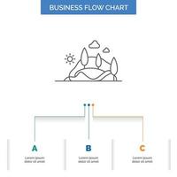 hill. landscape. nature. mountain. tree Business Flow Chart Design with 3 Steps. Line Icon For Presentation Background Template Place for text vector