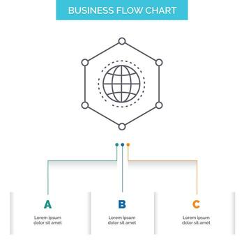 red, global, datos, conexión, diseño de diagramas de flujo de negocios con 3 pasos. icono de línea para el lugar de plantilla de fondo de presentación para texto vector