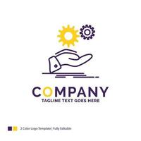 Company Name Logo Design For solution. hand. idea. gear. services. Purple and yellow Brand Name Design with place for Tagline. Creative Logo template for Small and Large Business. vector