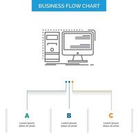 Computer, desktop, hardware, workstation, System Business Flow Chart Design with 3 Steps. Line Icon For Presentation Background Template Place for text vector